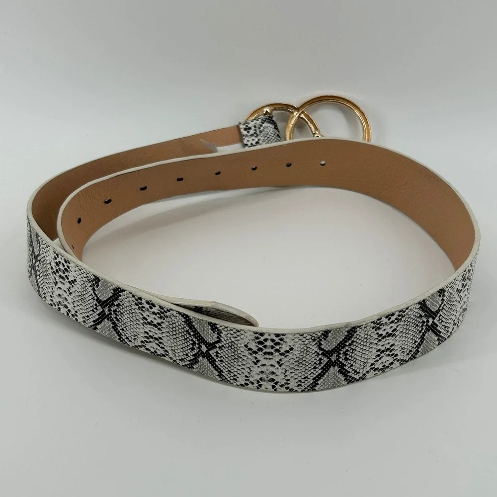 Gray Snakeskin Faux Leather Belt Gold Double Circle Buckle Adjustable Western
